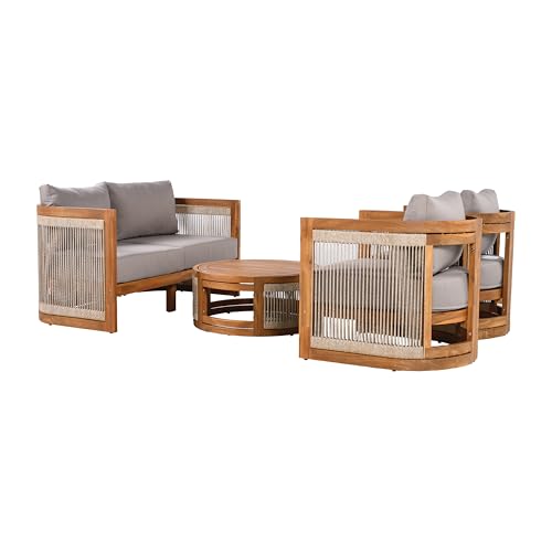 Christopher Knight Home Nesbit 4 Pieces Conversation Set, Acacia Wood Chat Set, Woven Rope Loveseat and Accent Chairs, Slat Panel Coffee Table, Patio Furniture Set for Backyard Balcony Garden, Gray