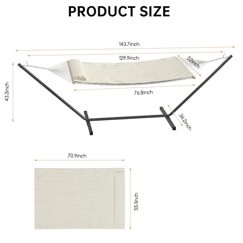 Garvee 2 Person Portable Double Hammock for Outdoor with Pillow, Heavy Duty Portable Hammock with Adjustable Steel Stand for Patio, Garden, Beach, Backyard