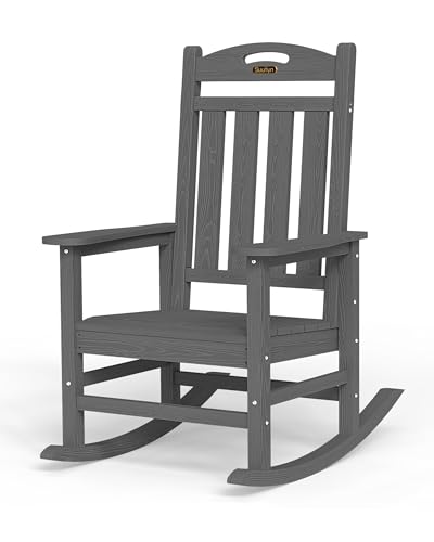 SUUNYN Oversized Outdoor Rocking Chair, HDPE All Weather Resistant Patio Rocking Chair, High Back Porch Rocking Chair, 380lbs Weight Capacity, Dark Grey