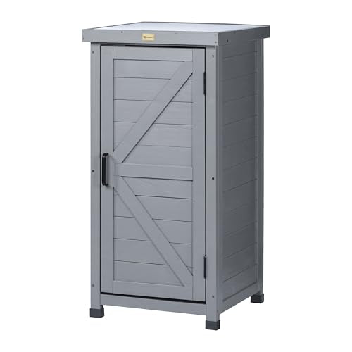 HABAU Outdoor Storage Cabinet, Potting Bench Table with Metal Tabletop & Shelves, Wooden Planting Workstation for Patio Garden, Weatherproof