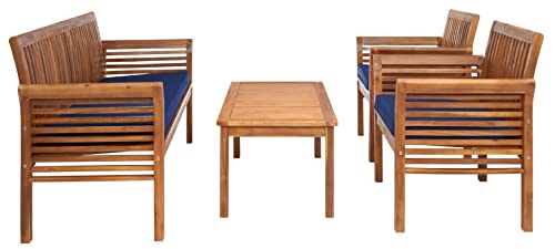SAFAVIEH Outdoor Collection Carson Natural/ Navy Cushions 4-Piece Conversation Patio Set