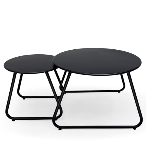 Meluvici Patio Outdoor Coffee Table Set of 2, Weather Resistant Steel Round End Tables, Outdoor Nesting Table for Patio, Balcony, Bistro and Indoor, Black (Black)