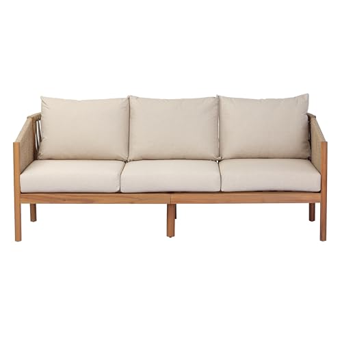 Christopher Knight Home Bubi 5-Seater Patio Furniture Set with Cushion, 4 Piece Outdoor Acacia Wood Conversation Set, Sold Wood Outdoor Sectional Sofa Set with Coffee Table, Teak+Beige