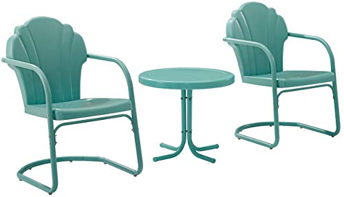 Crosley Furniture Tulip 3-Piece Outdoor Chair and Side Table Set, Retro Metal Patio Conversation Sets, Blue
