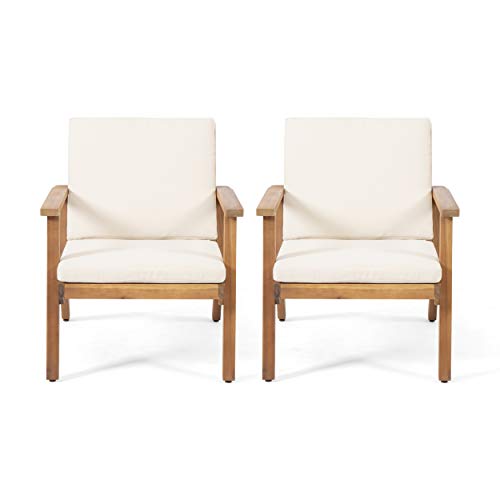 Christopher Knight Home Carlos Outdoor Acacia Wood Club Chairs with Cushions (Set of 2), Brown Patina Finish, Cream