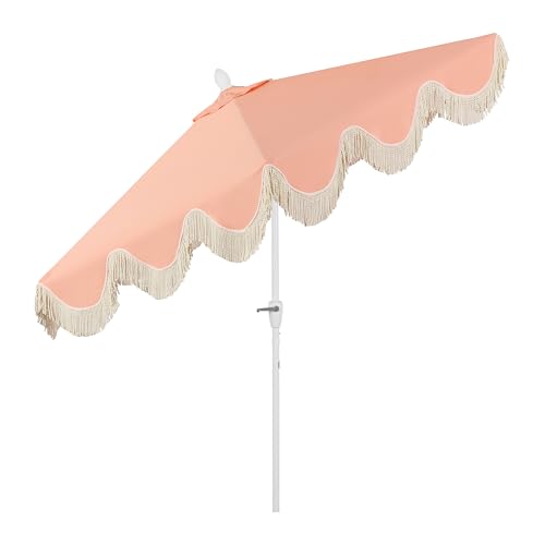 JONATHAN Y Collins 9 ft. Bohemian Fringe Outdoor Patio Umbrella with Crank Lift and Tilt, Scalloped UV-Resistant Market Sunshade for Pool and Deck, Coral Pink, White Pole UMB1001J