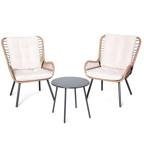 LAUSAINT HOME 3 Piece Outdoor Bistro Set, Small Patio Furniture Set with Coffee Table and Thick Cushions, Front Porch Furniture for Lawn, Garden, Balcony, Poolside, White
