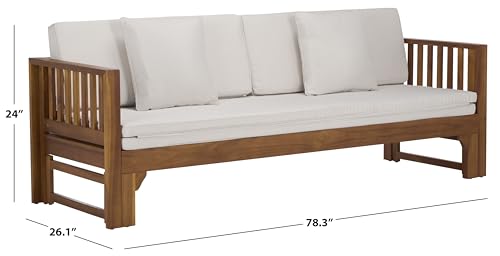 SAFAVIEH Outdoor Patio Furniture Collection - Napoli Brown & Cream Solid Wood Bench Convertible Daybed with Cushions, Versatile Patio Seating (PAT6805A)