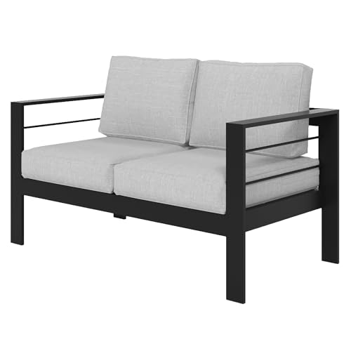 Wisteria Lane Patio Furniture Aluminum Loveseat, All-Weather Outdoor 2 Seats Sofa Couch, Black Metal Chair with Light Grey Cushions