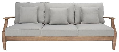 SAFAVIEH Couture Outdoor - Martinique 3-Seat Sofa - Natural & Grey - Solid Wood - Slatted Coastal Design - Ideal for Patio, Deck, Porch, Backyard, 18.3" Seat Height (CPT1013B)
