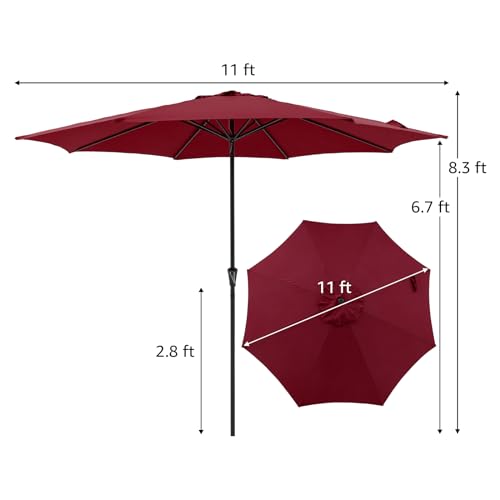COBANA 11' Patio Umbrella, Outdoor Table Market Large Umbrella with 8 Steel Ribs and Crank, Dark Red
