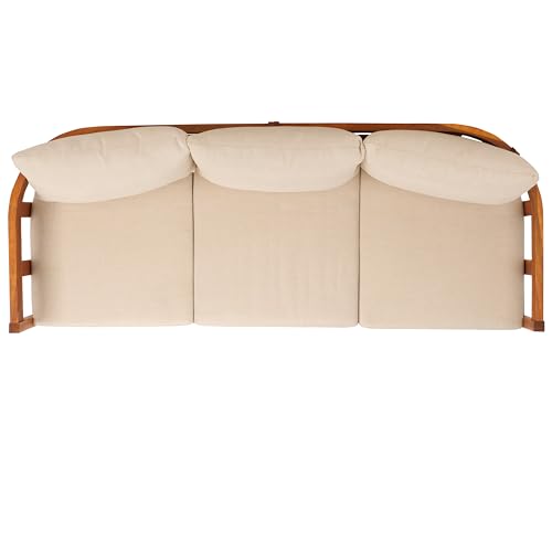 SAFAVIEH Outdoor - Owen 3-Seat Sofa - Natural & Taupe - Solid Wood with Cushion - Mid-Century Coastal Slatted Design - Ideal for Patio, Deck, Porch, Backyard, 15" Seat Height (PAT7091A)