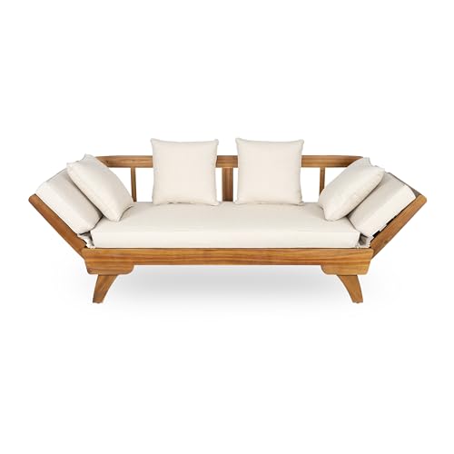 Christopher Knight Home Gary Patio Convertible Couch, Wooden Outdoor Daybed, 3-Seater Acacia Wood Patio Furniture Lounge Sofa for Backyard/Poolside/Garden, Back Pillow+Removable Cushion, Teak+ Beige