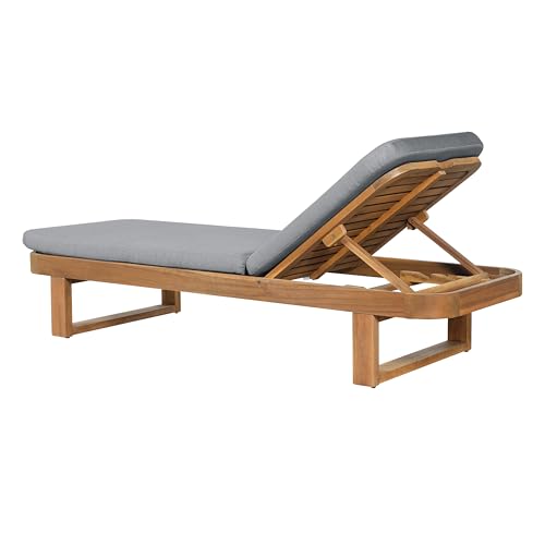 Christopher Knight Home Milos Acacia Wood Chaise Lounge Chair Outdoor, Wooden Sunbathing Pool Lounger, Patio Chaise Lounge with Cushions, Adjustable Backrest Lounge Sofa, Light Gray+Teak
