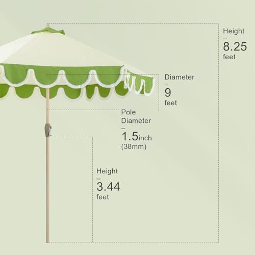 Tempera 9ft Scalloped Patio Umbrellas with Fringe, Market Umbrellas with Water-Resistant and Fade Resistant Canopy, 1.5" Wood Pole & Button Tilt,Green Beige Spliced