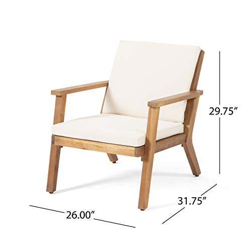 Christopher Knight Home Carlos Outdoor Acacia Wood Club Chairs with Cushions (Set of 2), Brown Patina Finish, Cream