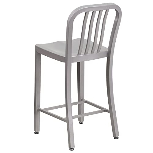 Flash Furniture Gael Commercial Grade 2 Pack 24" High Silver Metal Indoor-Outdoor Counter Height Stool with Vertical Slat Back