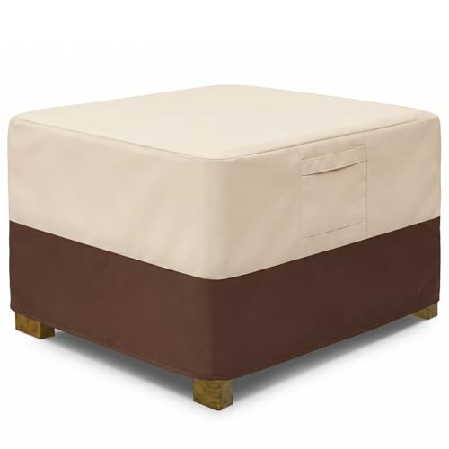 Vailge Rectangle Patio Ottoman Cover, Waterproof Outdoor Ottoman Cover with Padded Handles, Patio End Table Cover, Heavy Duty Patio Furniture Covers (Medium,Beige & Brown)