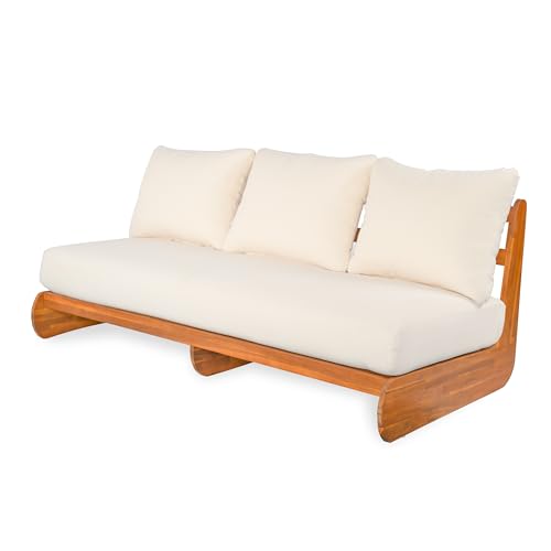 Merax Outdoor Acacia Wood Sofa with All-Weather Cushions, Patio Low 3-Seater Lounge Sofa for Porch, Lawn, Backyard, Balcony, Beige +Teak