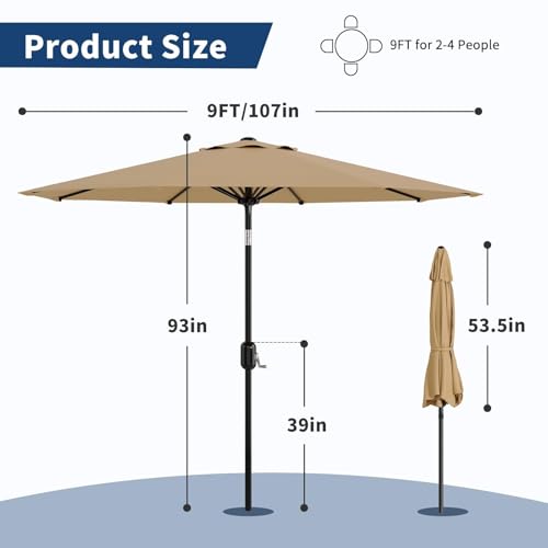 Garvee 9 ft Patio Umbrella - 8 Sturdy Ribs Outdoor Table Umbrella with Crank Lift & Push Button Tilt - Market Umbrella for Pool, Deck, Yard, Garden - Tan