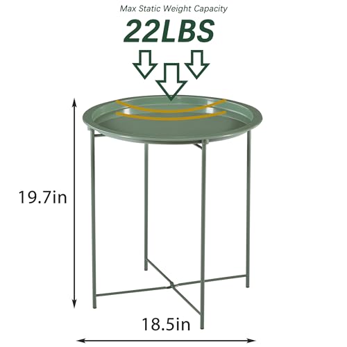 VECELO Side/End Table, Folding Round Metal Anti-Rust and Waterproof Outdoor or Indoor Tray for Living Room Bedroom Balcony and Office, 2 PCS, Dark Green