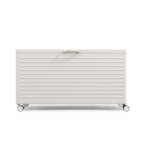 MIRADOR 175 Gallon Outdoor Storage Box with Wheels & Soft-Close Lid, Waterproof Metal Deck Box for Patio Cushions, Garden Tools & Pool Accessories, Latte