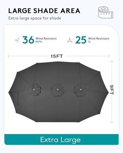 SERWALL 10-Piece Patio Dining Sets with 15FT Patio Umbrella, 60" - 83" Expandable Outdoor Dining Table and 8 HDPE Chairs, All Weather HDPE Outdoor Furniture Set, Grey (Umbreall Base not Included)