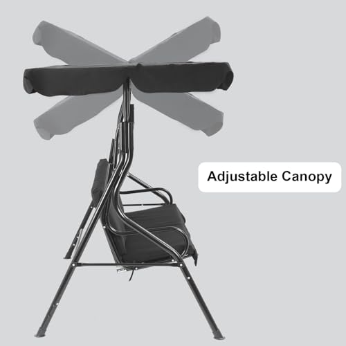 Patio Swing Sturdy Outdoor Swing Chair Stable Porch Swing Easy Setup Patio Swing with Canopy Adjustable Tilt Armrests Steel Frame for Patio Outdoor Porch Backyard, Black