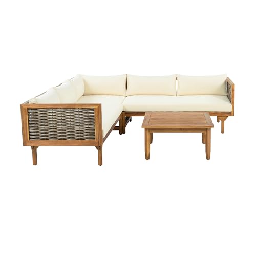 Christopher Knight Home Tenntt 5-Seater Acacia Wood Patio Furniture Set, Outdoor Conversation Sofa Chat Set with Coffee Table, Wicker Arm, Sectional Seating Group for Backyard Balcony, Teak+Beige