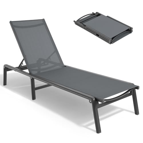 ONBRILL Aluminum Chaise Lounge Chair Outdoor, Foldable & Assembly Free Outdoor Lounge Chair with 5 Position Adjustable Backrest, Patio Pool Lounge Chairs for Outside Poolside Beach Lawn, 1PC, Grey