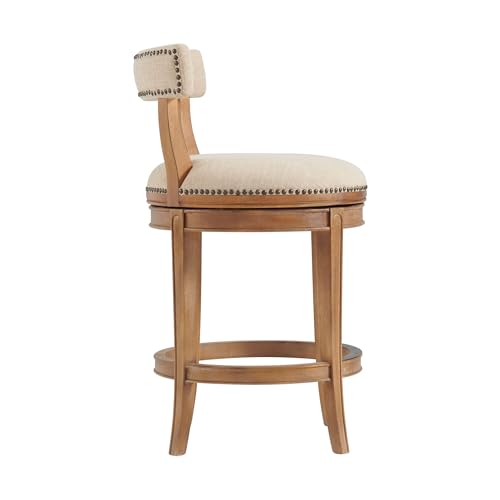 Hanover Swivel Counter Height Bar Stool, Weathered Brown and Beige, Solid Rubberwood Frame, Faux Leather Upholstered Seat, Memory Return Swivel, 20 in. W x 22 in. D x 37 in. H, Seat Height 26 in.