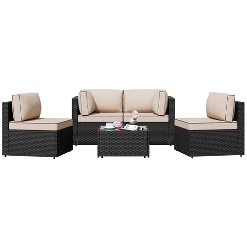 Patio Furniture Sets, 5 Piece Outdoor Sectional Sofas, Wicker Rattan Outdoor Furniture Patio Conversation Set, All-Weather PE Rattan Outdoor Couch for Backyard, Garden, Black & Khaki