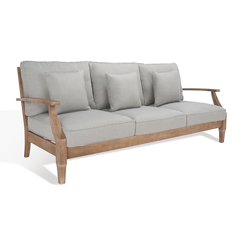 SAFAVIEH Couture Outdoor - Martinique 3-Seat Sofa - Natural & Grey - Solid Wood - Slatted Coastal Design - Ideal for Patio, Deck, Porch, Backyard, 18.3" Seat Height (CPT1013B)
