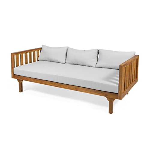 Christopher Knight Home Tina Outdoor 3 Seater Acacia Wood Daybed, Teak Finish, Light Grey