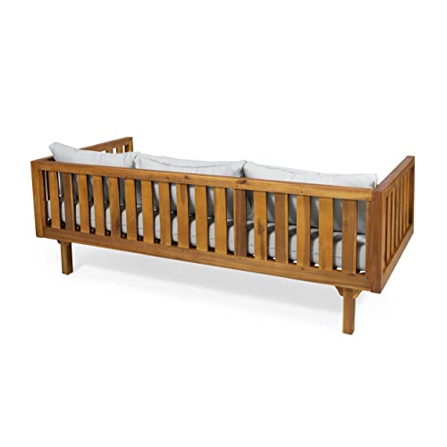 Christopher Knight Home Tina Outdoor 3 Seater Acacia Wood Daybed, Teak Finish, Light Grey