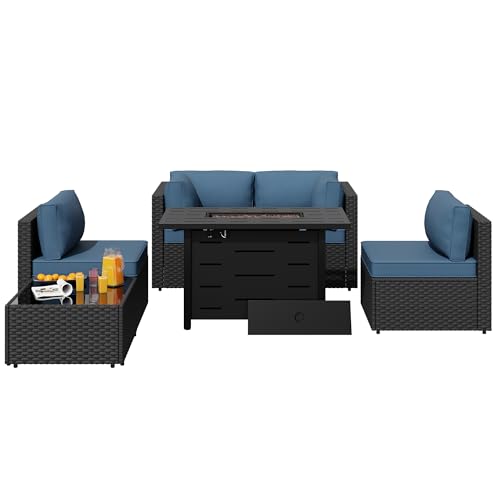 SUNLEI 5 Piece Outdoor Patio Furniture Set with Fire Pit Table, Black PE Rattan Wicker Conversation Sofa Set with Blue Cushions, All Weather Sectional Patio Couch for Backyard, Deck, Garden, Porch