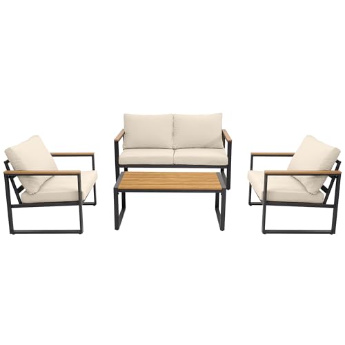 COMLAX FIELD Patio Furniture Set, 4 Pieces Outdoor Patio Furniture with Coffee Table Set, Metal Patio Conversation Sets with Washable and High-Resiliency Sponge Cushions, Upgarded Beige