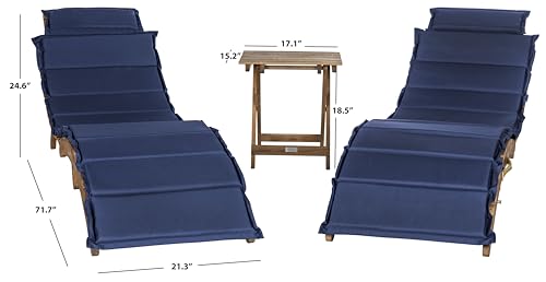 SAFAVIEH Outdoor Collection Pacifica Natural Brown Solid Wood/Navy Cushion 3-Piece Chaise Lounge Set with Table (PAT7020C)