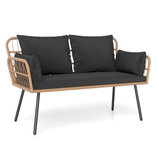 Tangkula Patio Wicker Loveseat, Outdoor 2-Seater PE Rattan Sofa with Pillows, Cushions, Metal Frame & Adjustable Foot Pads, 660 lbs Outside Couch for Porch, Backyard & Poolside (Black, 50.5" L)