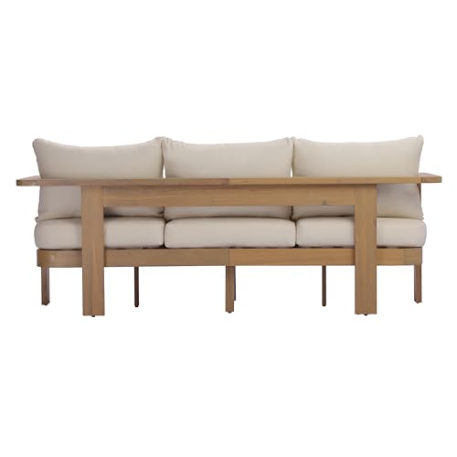 Christopher Knight Home Zunzi 8-Seater Patio Furniture Set with Removable Cushion, 5 Piece Outdoor Acacia Wood Conversation Set, Wooden Outdoor Sectional Sofa Set with Coffee Table, Cream+Light Teak