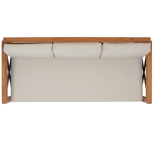 SAFAVIEH Couture Outdoor - Andros Sofa - Brown & Beige - Brazilian Teak Wood - Slatted Design with Removable Cushions - Ideal for Patio, Deck, Porch, Backyard, 16" Seat Height (CPT1010A)