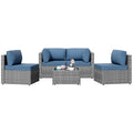 Patio Furniture Sets, 5 Piece Outdoor Sectional Sofas, Wicker Rattan Outdoor Furniture Patio Conversation Set, All-Weather PE Rattan Outdoor Couch for Backyard, Garden, Gray & Aegean Blue