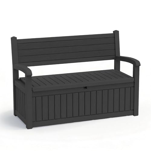 EasyUp 80 Gallon Wood Grain Style Outdoor Storage Bench, Waterproof and Lockable Deck Box Outdoor Storage Furniture for Patio,Garden,and Porch – Perfect for Storing Garden Tools and Cushions(Black)