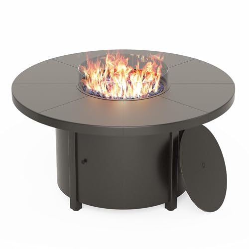 Kullavik 48" Round Propane Fire Pit Table,55000 BTU Auto-Ignitiongas Gas Fire Table with Fire Glass and Lid,Waterproof Cover and Pumice Stone for Patio,Balcony,Garden