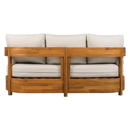 SAFAVIEH Outdoor - Kento 3-Seat Sofa - Natural & Taupe - Solid Wood with Cushion - Modern Slatted Round-Frame Design - Ideal for Patio, Deck, Porch, Backyard, 16" Seat Height (PAT7098A)