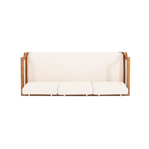 Christopher Knight Home Aston Outdoor 3 Seater Sofa, Upholstered Cushion Couch, Acacia Wood Bench Sofa, Slat Armchair, 73.25" W Spacious Seating Bench Couch for Gardern Porch Balcony, Teak+Beige