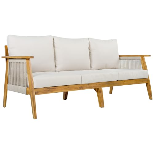 Christopher Knight Home Outdoor 3 Seater Patio Sofa with Acacia Wood Frame and Rope Weave Design, Cushioned Garden Couch with Removable Covers for Patio Deck Balcony, Teak and Beige