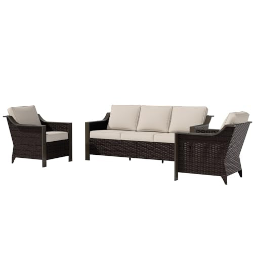 Qsoer 3 Piece Wicker Patio Conversation Set, All-Weather Use Outdoor Wicker Sofa with 2 PE Rattan Chair, Removable Water-Resistant Cushion, Ideal for Porch, Backyard, Balcony, Poolside, Beige