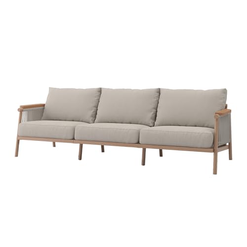 Acanva Modern All-Weather Aluminum Outdoor Patio Sofa with Thick Cushions, Olefin Fabric Sunroom Backyard Furniture, Couch Light Khaki