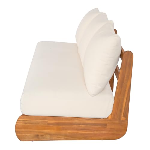 Merax Outdoor Acacia Wood Sofa with All-Weather Cushions, Patio Low 3-Seater Lounge Sofa for Porch, Lawn, Backyard, Balcony, Beige +Teak